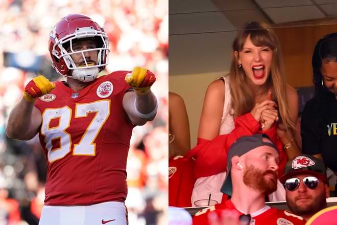 File [LEFT] - Kansas City Chiefs tight end Travis Kelce celebrates after scoring during the second half of an NFL football game against the Chicago Bears Sunday, Sept. 24, 2023, in Kansas City, Mo. (AP Photo/Ed Zurga, File) [RIGHT] Taylor Swift, center, attended the Kansas City Chiefs NFL football game against the Chicago Bears with Travis Kelce's mother, Donna Kelce, at lower left, Sunday, Sept. 24, 2023 in Kansas City, Mo. (AP Photo/Reed Hoffmann)