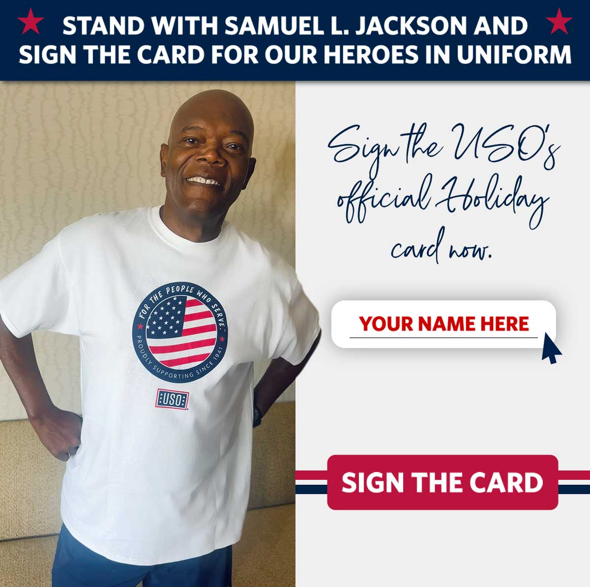 Samuel L. Jackson smiling in a USO t-shirt. Samuel L. Jackson smiling in a USO t-shirt.