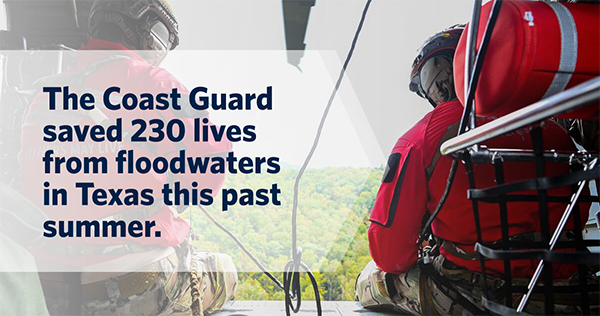 The Coast Guard saved 230 lives from floodwaters in Texas this past summer. The Coast Guard saved 230 lives from floodwaters in Texas this past summer.