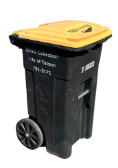 Picture of a black garbage can on wheels with a yellow lid