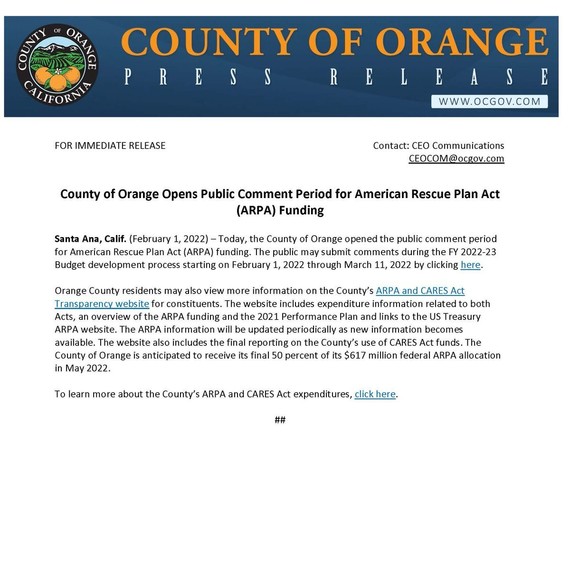County of Orange Press Release ARPA Funding
