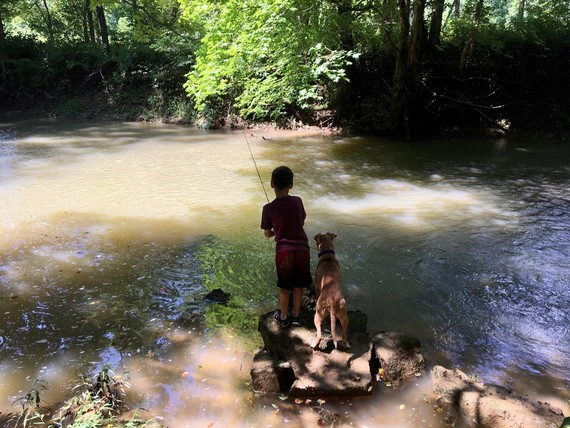 Child fishing with dog