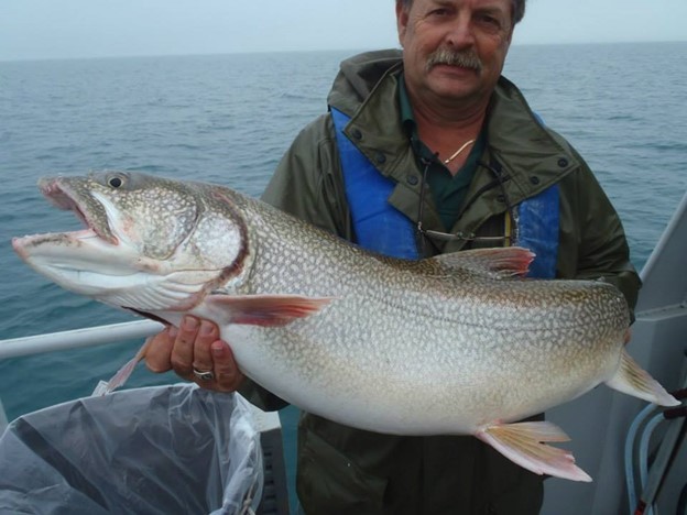 Lake trout held by angler