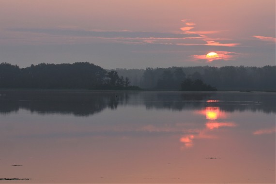 A pink sunrise over a lake.