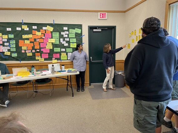 A group of people in a room beside a chart of neon-colored index cards.