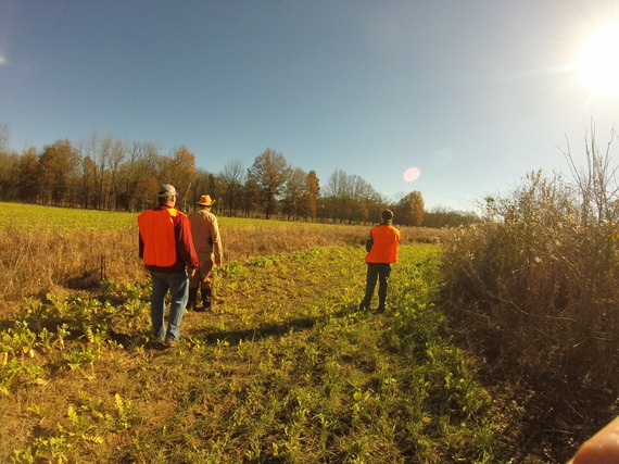 3 hunters walking in a field.