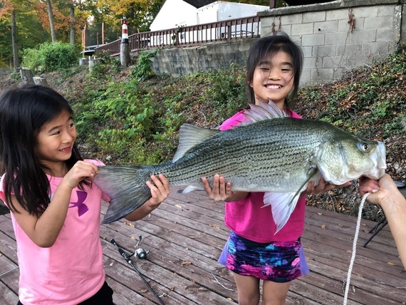 Two children holding a hybrid striped bass.
