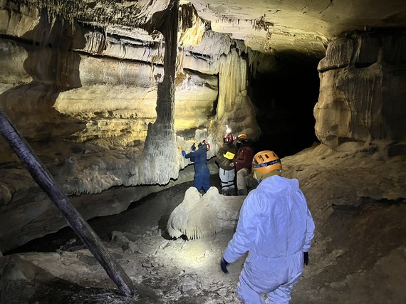Biologists surveying a cave for bats.