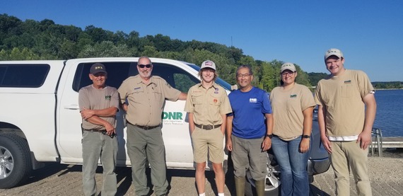 Aaron with Monroe Lake property staff and District 5 fish management.