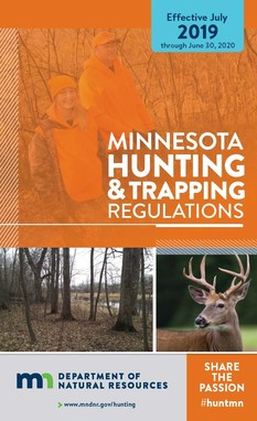 Minnesota Hunting Regulations cover from 2019 with a deer, woods, logo and #huntmn, effective date through June 30, 2020 and mndnr.gov/hunting
