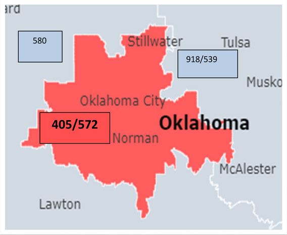 Map of area codes in central Oklahoma