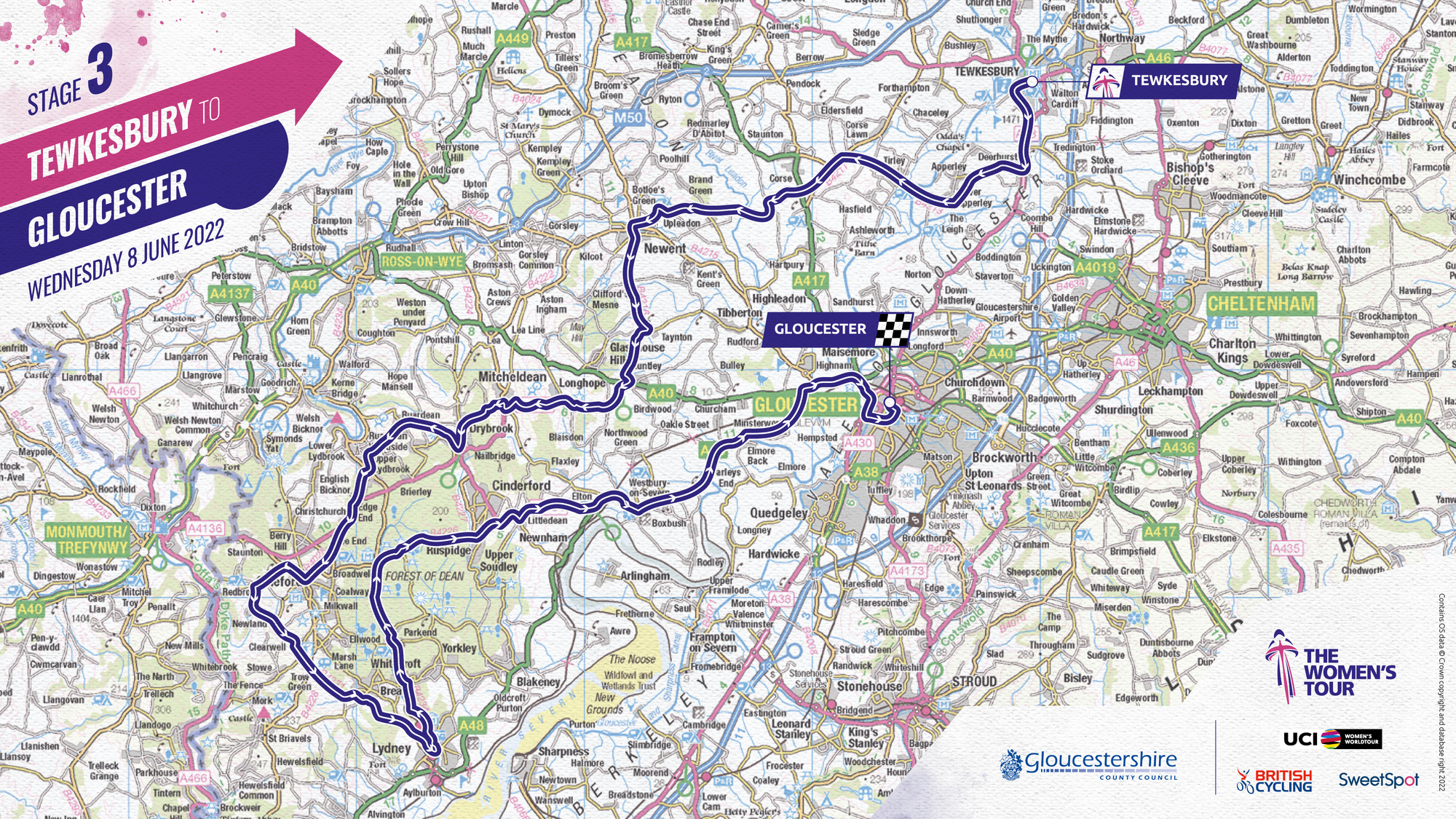 The Women's Tour stage three
                                    route from Tewkesbury to Gloucester