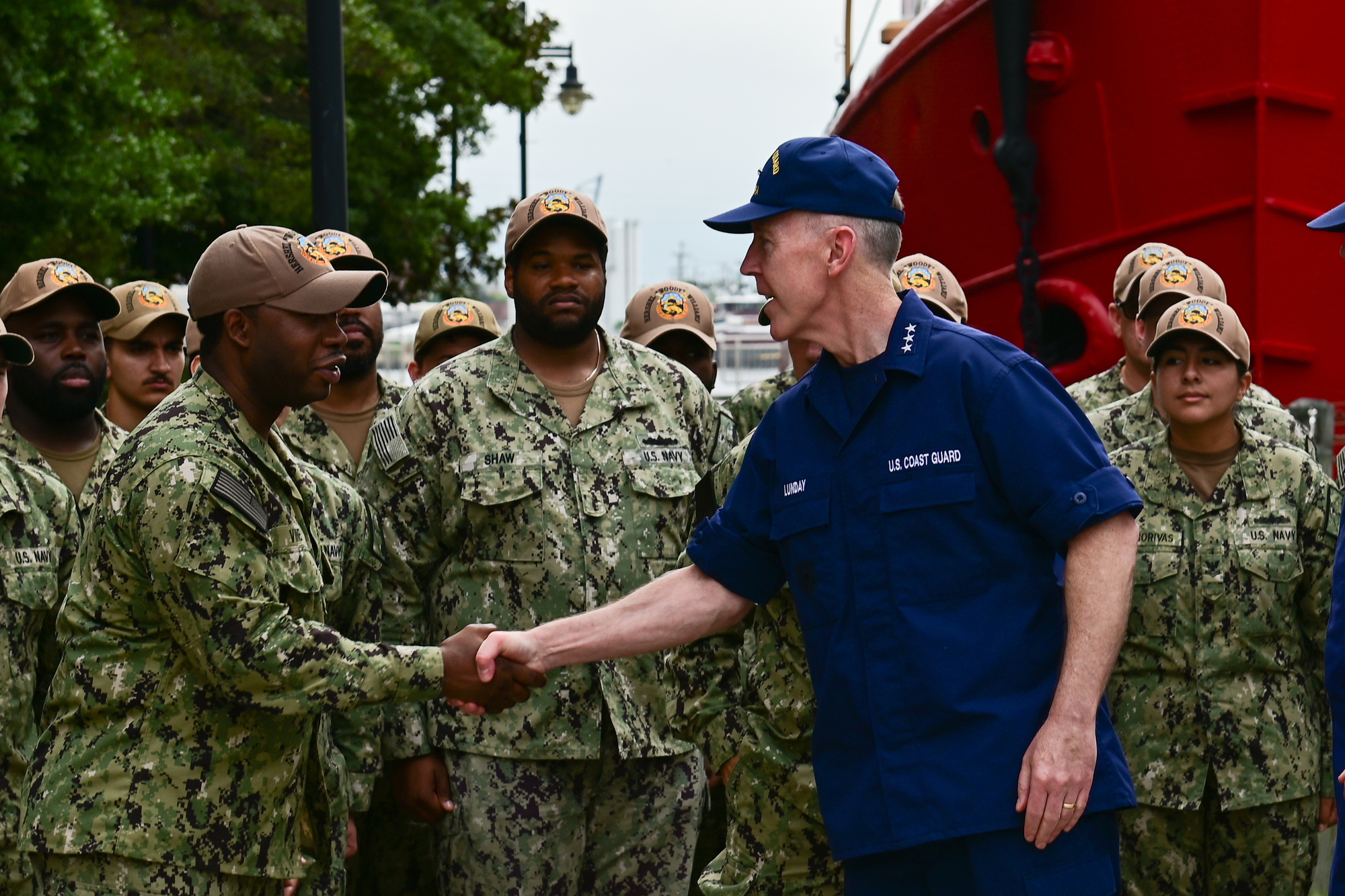 Vice Adm. Kevin Lunday, commander, U.S. Coast Guard Atlantic Area, meets with the crew of USS Hershel 