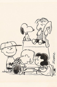 Drawing of Snoopy and Peanuts crew
