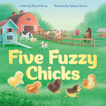 Five chicks running across a farm yard