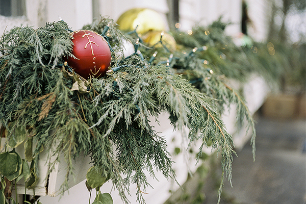 Holiday greenery and ornaments
