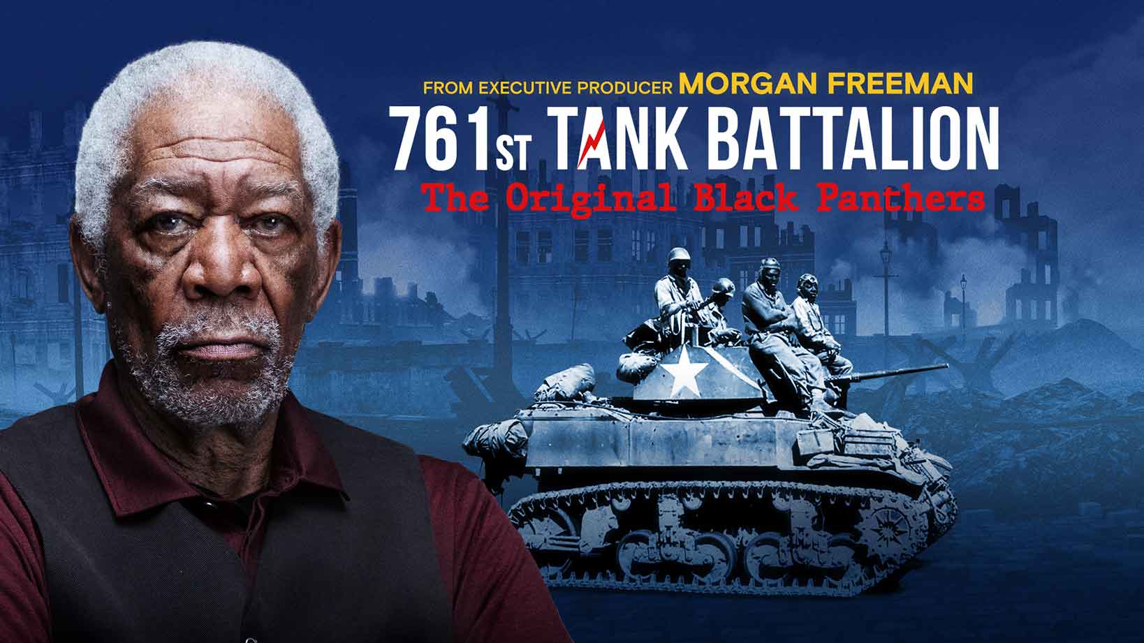 Morgan Freeman; behind him are African American soldiers in a tank.