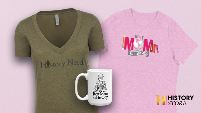 History Nerd Women's V-Neck T-Shirt, Best Mom in History White Mug and Best Mom in History Women's Relaxed T-Shirt on pink background.
