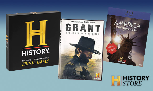 Promotion image of HISTORY DVDs and products, including HISTORY Trivia Game, and DVDs Grant and America the Story of Us.