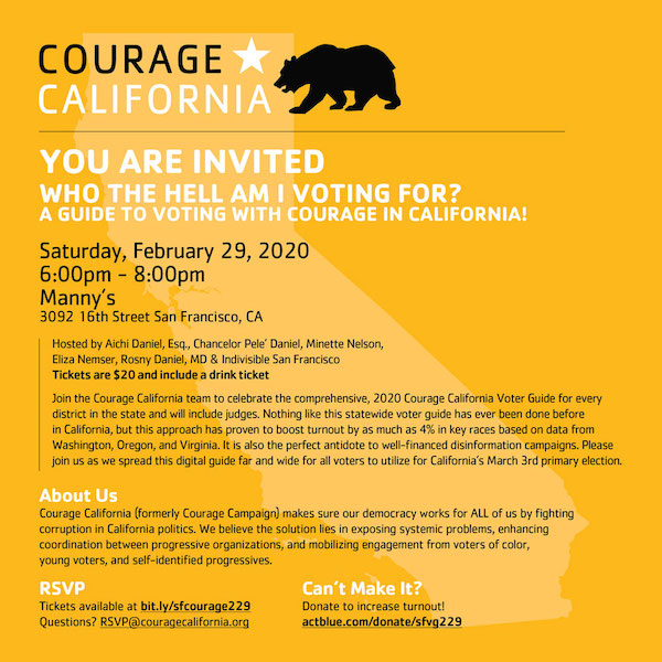 “Who the hell am I voting for? A guide to voting with Courage in California” @ Manny's