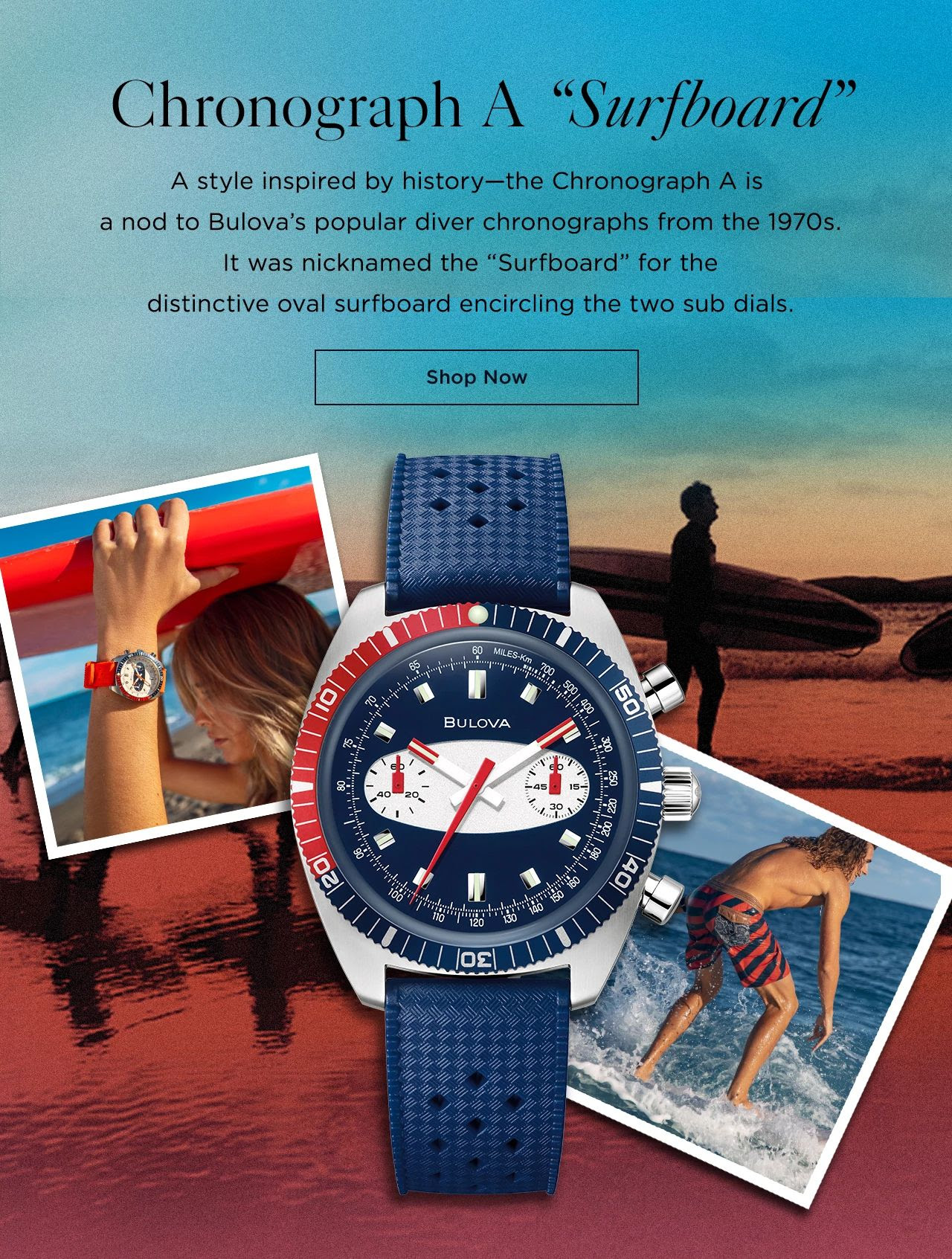 Chronograph A Surfboard: A style inspired by Bulova's popular diver chronographs from the 1970s and nicknamed for the distinctive oval surfboard encircling the two subdials. Shop now