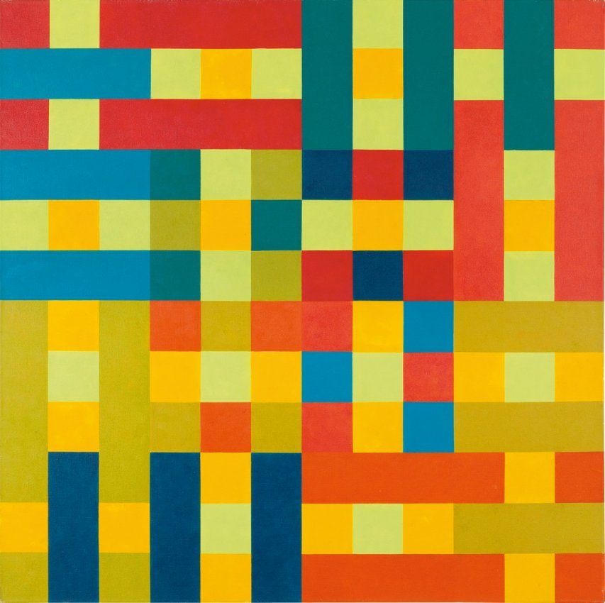 Hedi Mertens, Unità quadrilatere uguali si incontrano in un quadrato centrale, 1969, olio su tela, Collezione privata