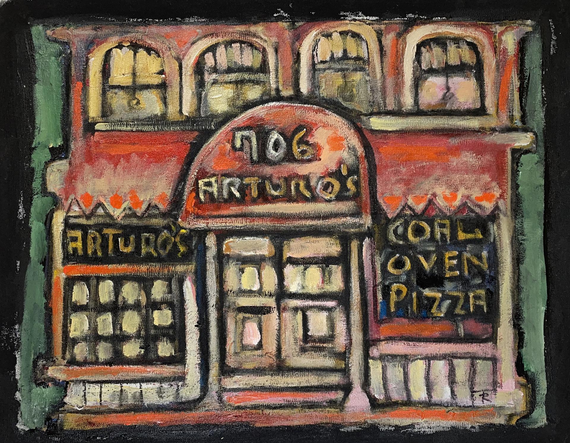 Tom Russell, Arturo's coal-oven pizza 706 W Houston, NYC, 2018, acrylic on canvas, 45x40 cm