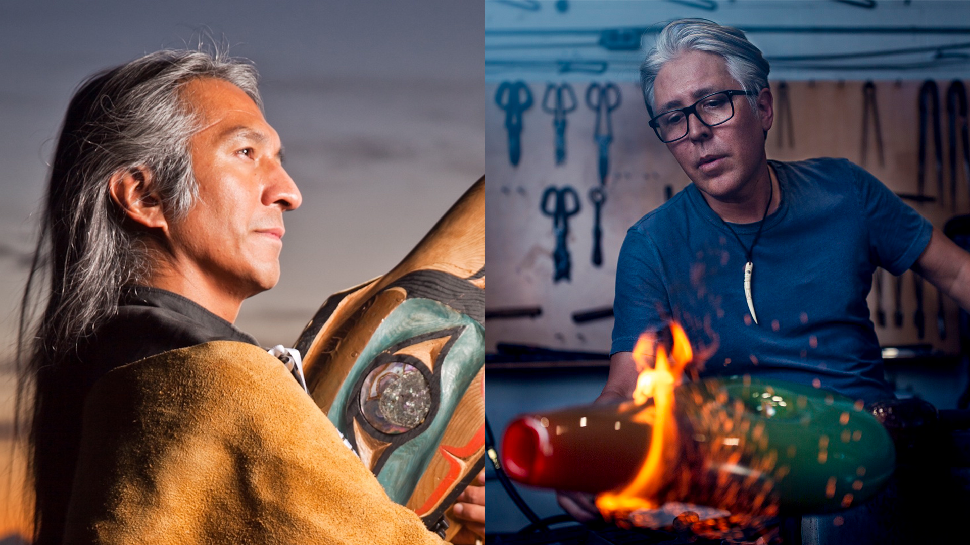 Left: storyteller Gene Tagaban // Right: glass sculptor Preston Singletary