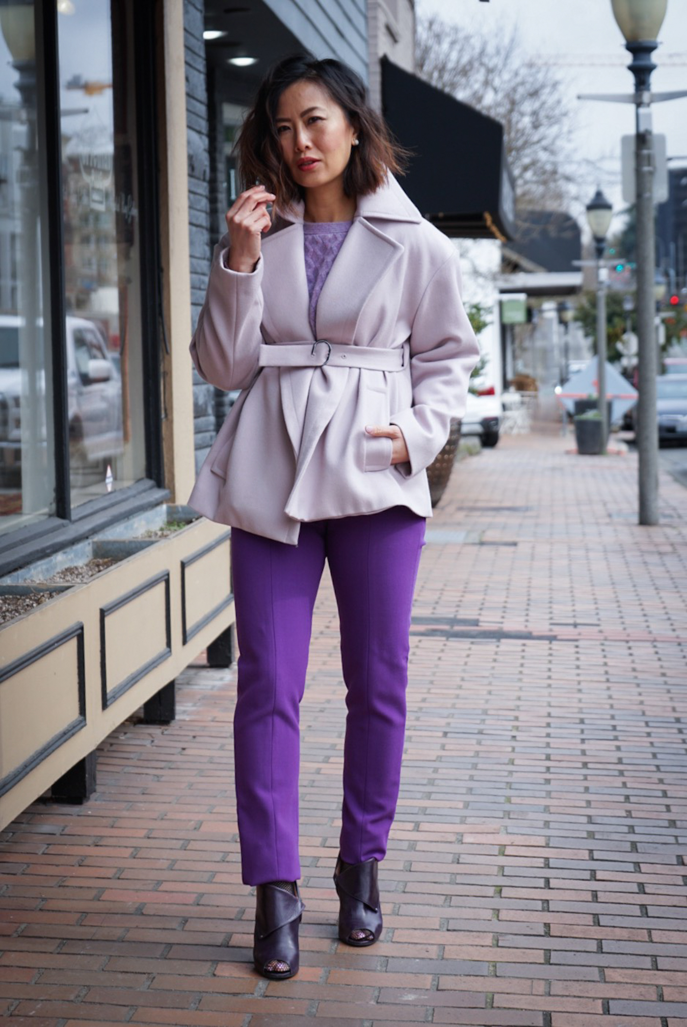 asian women in all purple monotone outfit