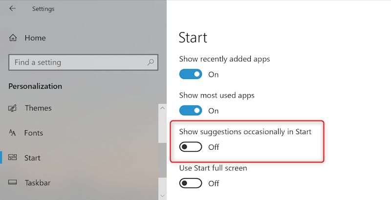 The "Show suggestions occasionally in Start" option on Windows 10.