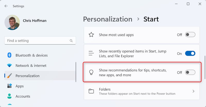 The "Show recommendations for tips, shortcuts, new apps, and more" option on Windows 11.