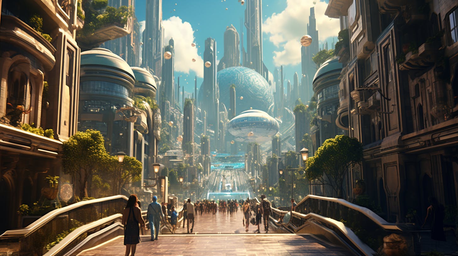 Image of people walking towards a futuristic metropolis
