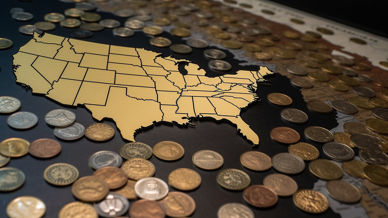 Coins surrounding USA map