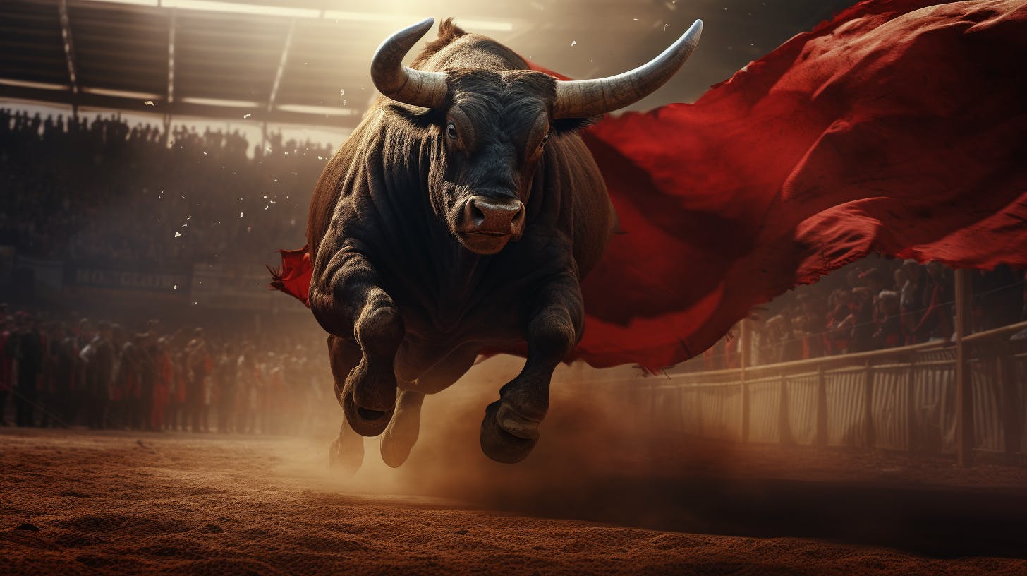 A bull running through a red flag in a bull fight..