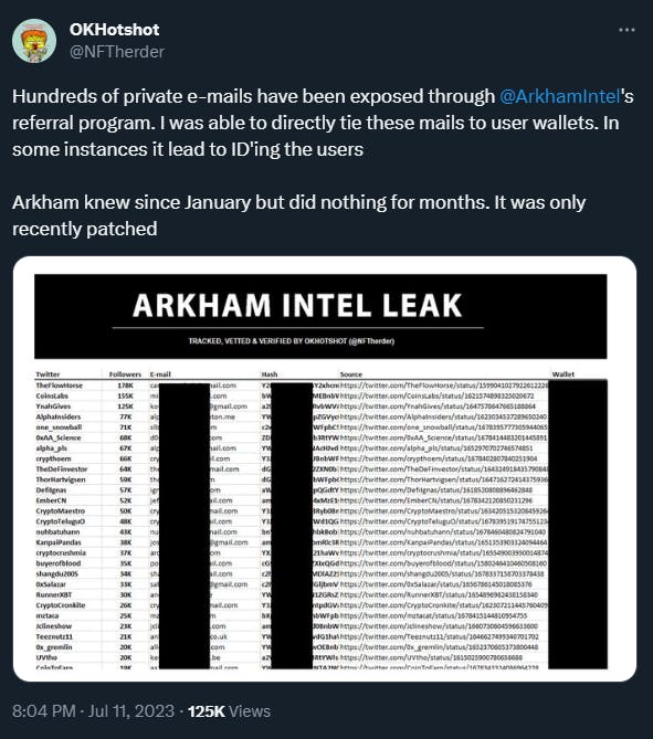 Image of a tweet showing Arkham doxxing its user emails. 