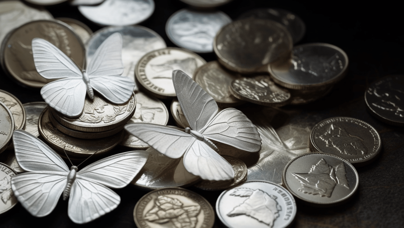 white butterflies around coins