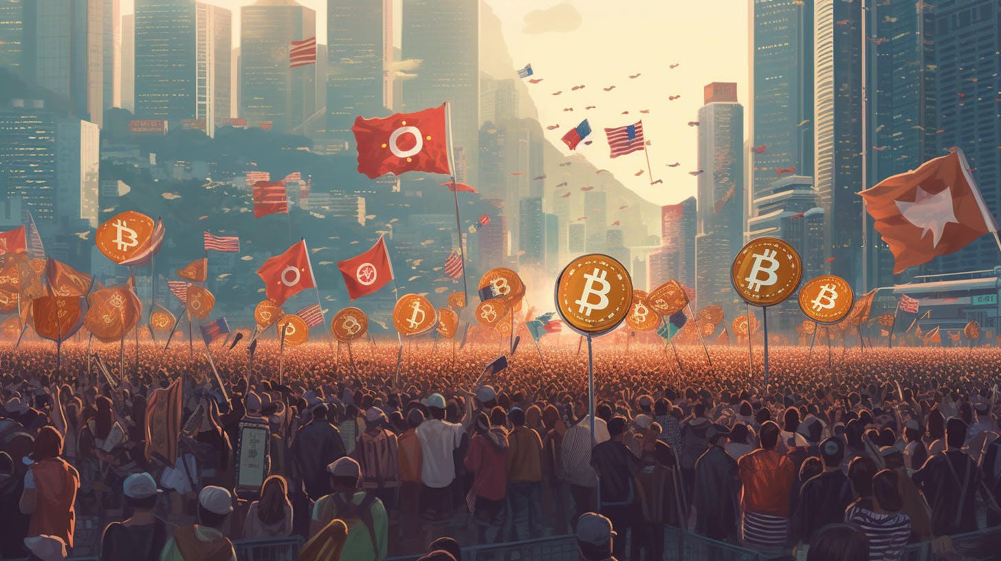 Bitcoin flags in a crowd of people