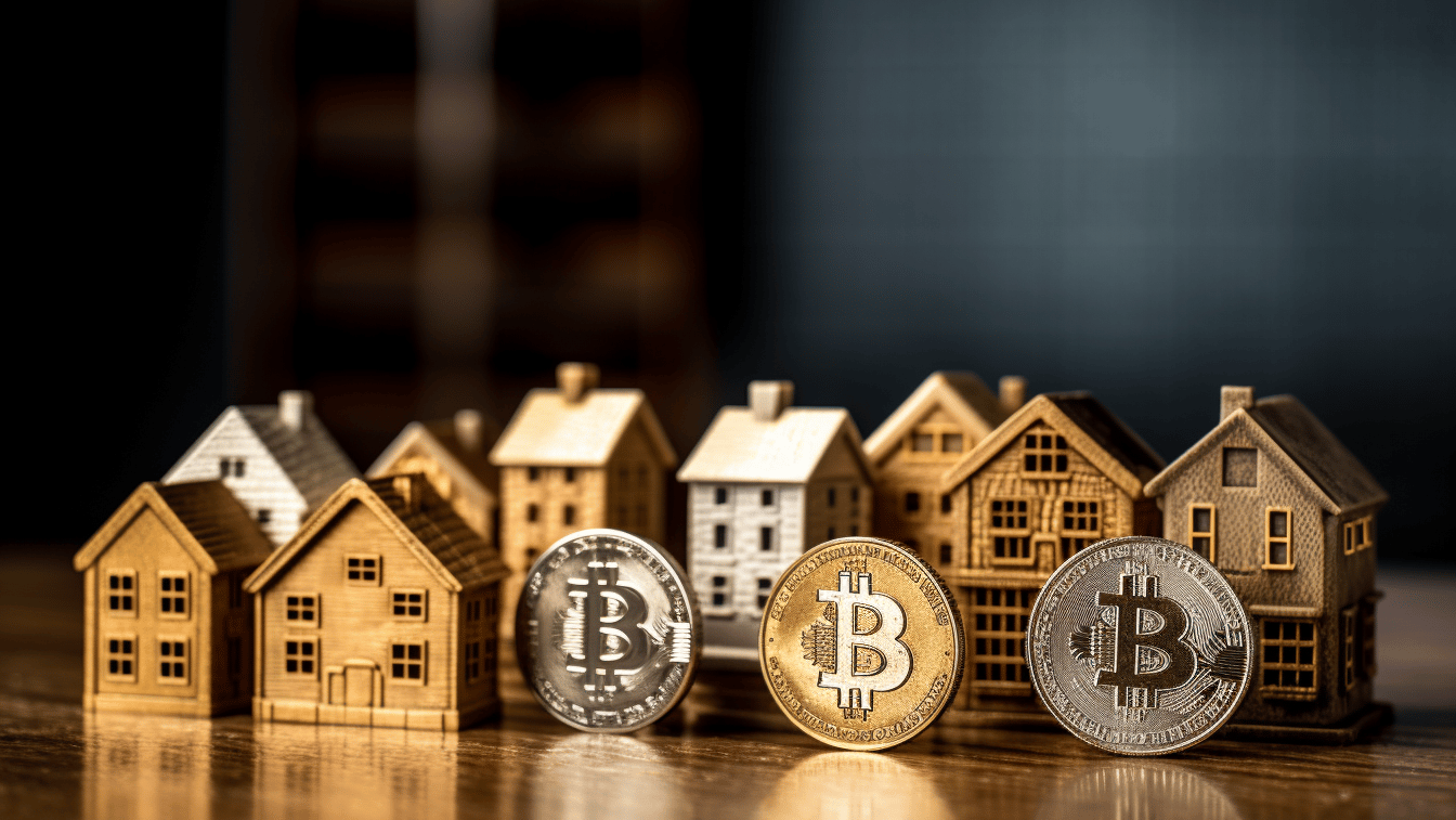 bitcoins next to mini houses