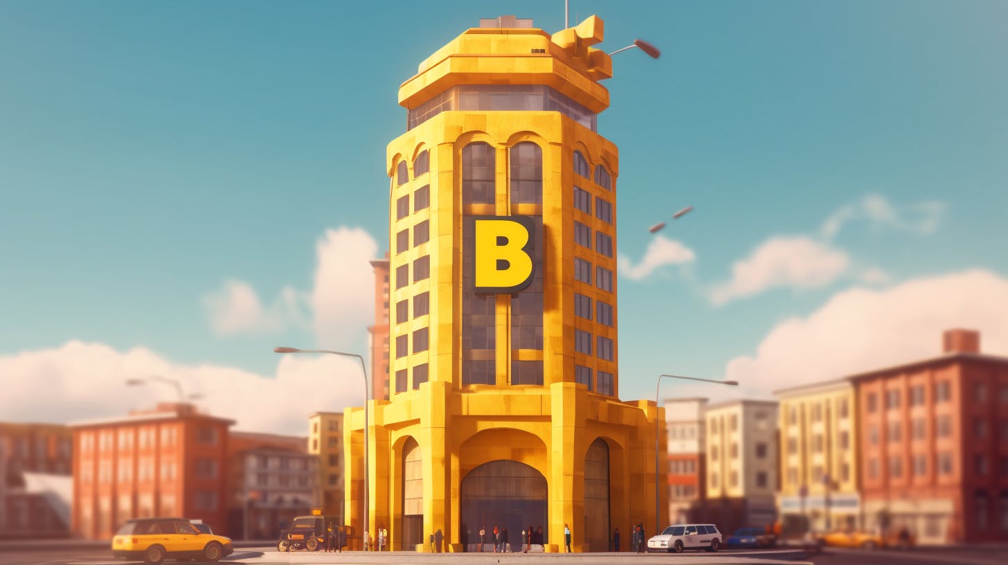 A brand new building in the middle of a neighborhood with a with B on top of it