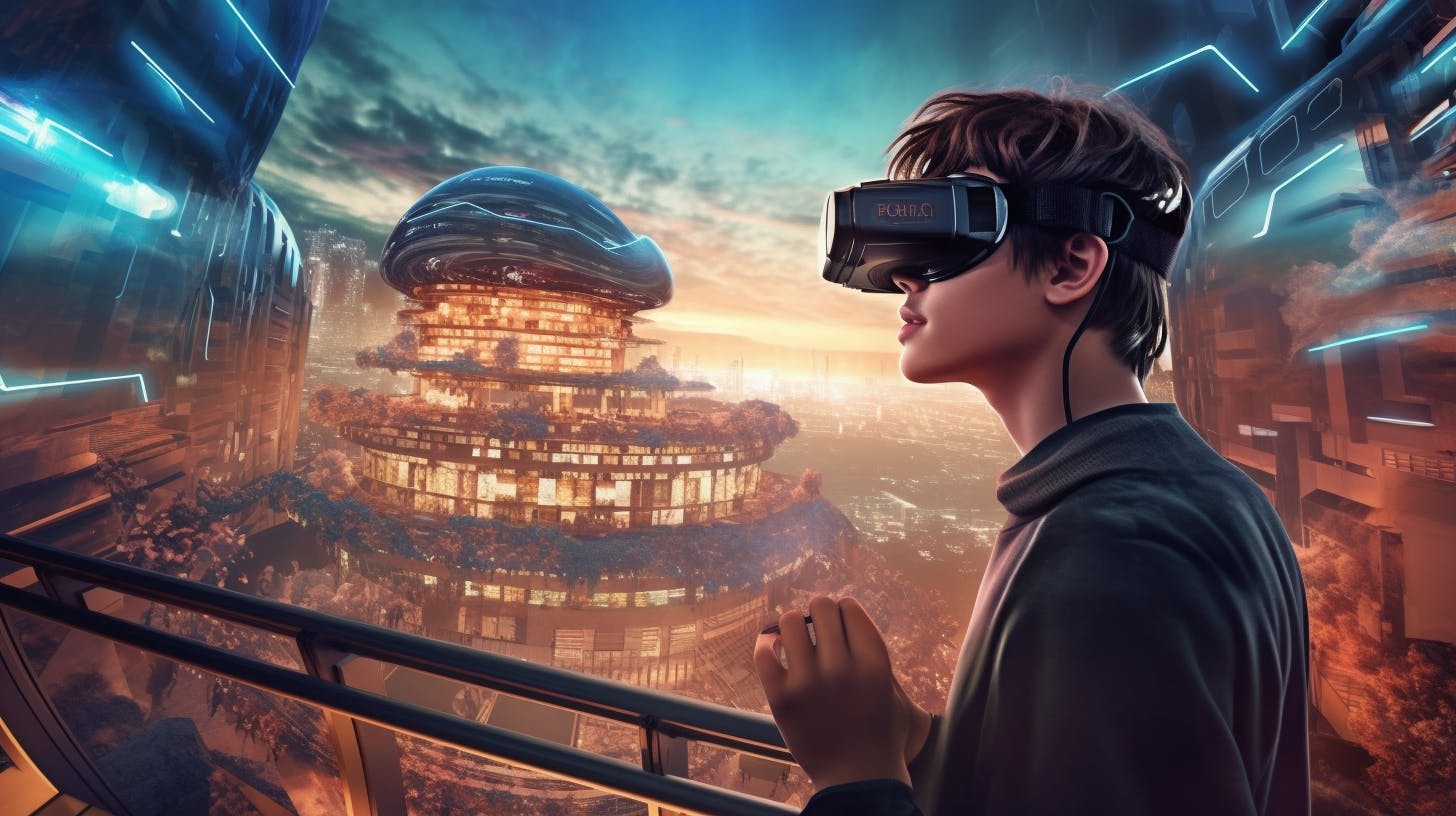 A young man in a futuristic landscape looking ahead wearing virtual glasses