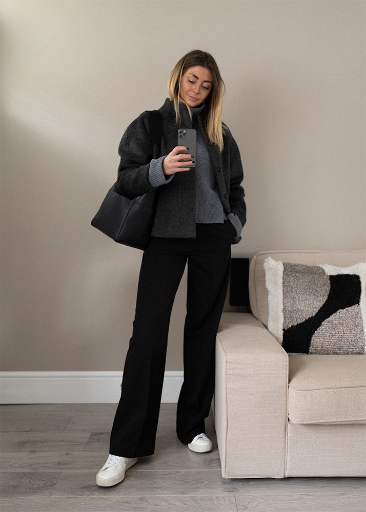 Grey wool jacket, grey roll neck jumper, black wide leg trousers, veja trainers, Celine Seau Sangle bag. Casual Winter outfit idea