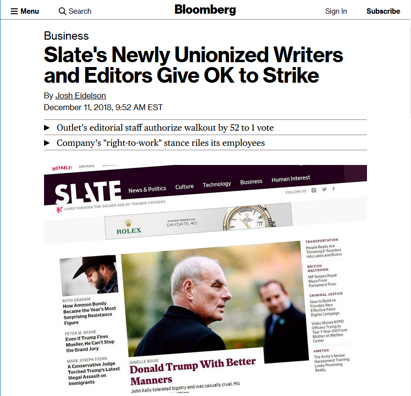 Bloomberg: Slate's Newly Unionized Writers and Editors Give OK to Strike