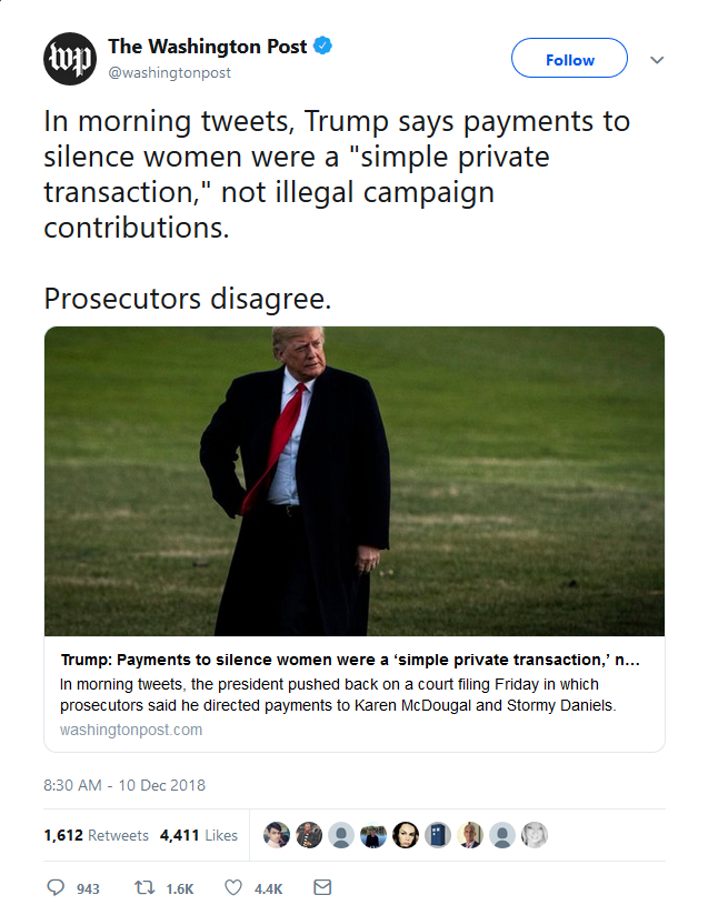WaPo: In morning tweets, Trump says payments to silence women were a "simple private transaction,"