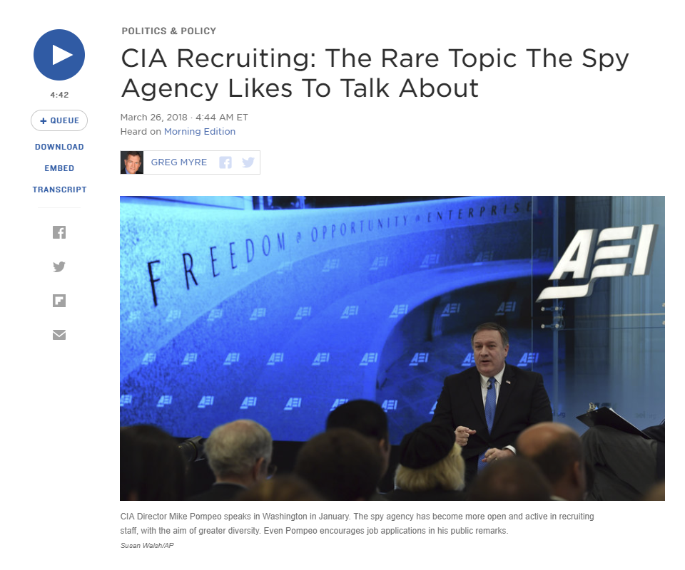 NPR: CIA Recruiting: The Rare Topic The Spy Agency Likes To Talk About