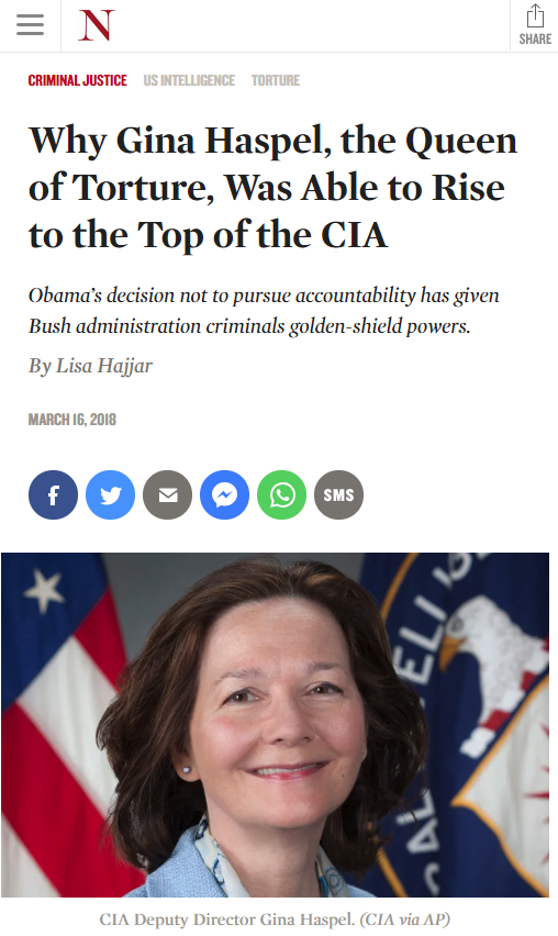 Nation: Why Gina Haspel, the Queen of Torture, Was Able to Rise to the Top of the CIA