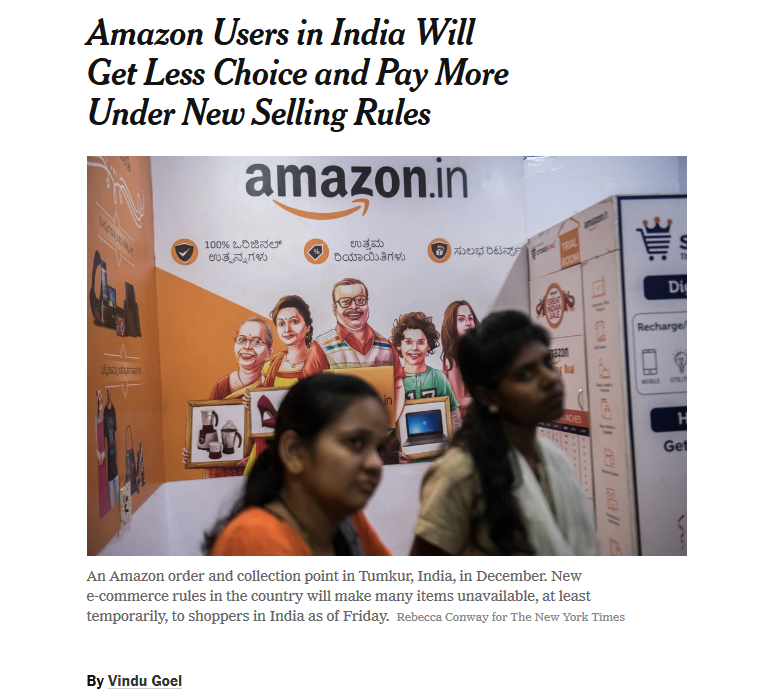 NYT: Amazon Users in India Will Get Less Choice and Pay More Under New Selling Rules