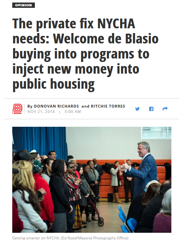 Daily News: The private fix NYCHA needs: Welcome de Blasio buying into programs to inject new money into public housing