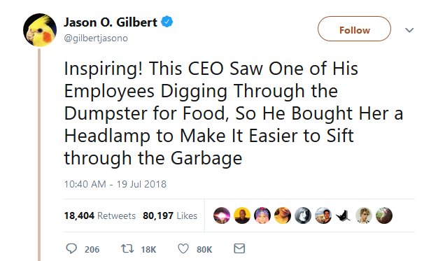 Twitter: Inspiring! This CEO Saw One of His Employees Digging Through the Dumpster for Food, So He Bought Her a Headlamp to Make It Easier to Sift through the Garbage
