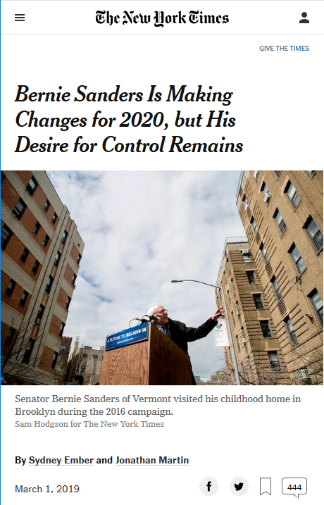 NYT: Bernie Sanders Is Making Changes for 2020, but His Desire for Control Remains