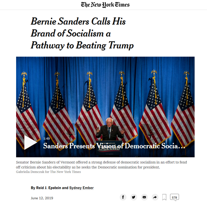 NYT: Bernie Sanders Calls His Brand of Socialism a Pathway to Beating Trump